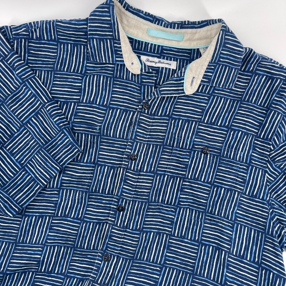 Tommy Bahama Mens Linen Short Sleeve‎ Button Up Shirt Blue Stripe Size L